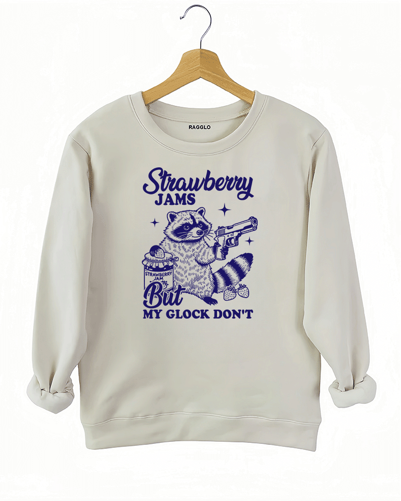Ragglo women's beige sweatshirt with funny dark blue 'Strawberry Jams But MY GLOCK DON'T' raccoon graphic


