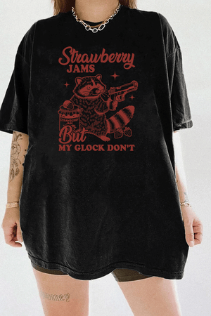 Ragglo women's black streetwear crop top with red 'Strawberry Jams But MY GLOCK DON'T' raccoon graphic tee

