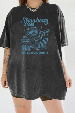 Ragglo women's dark gray streetwear crop top with blue 'Strawberry Jams But MY GLOCK DON'T' raccoon graphic tee

