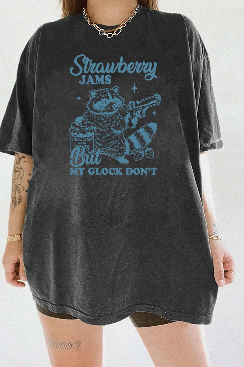 Ragglo women's dark gray streetwear crop top with blue 'Strawberry Jams But MY GLOCK DON'T' raccoon graphic tee


