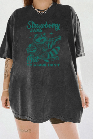 Ragglo women's dark gray streetwear crop top with green 'Strawberry Jams But MY GLOCK DON'T' raccoon graphic tee

