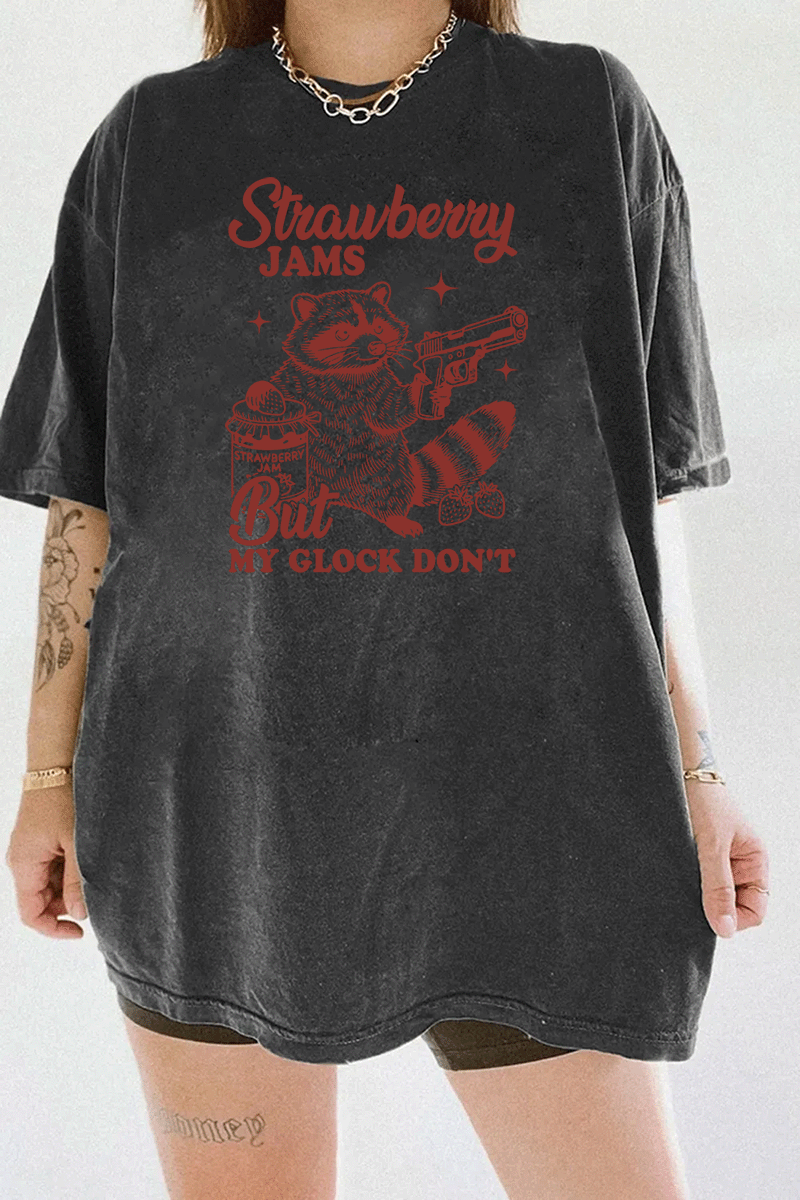 Ragglo women's dark gray streetwear crop top with red 'Strawberry Jams But MY GLOCK DON'T' raccoon graphic tee

