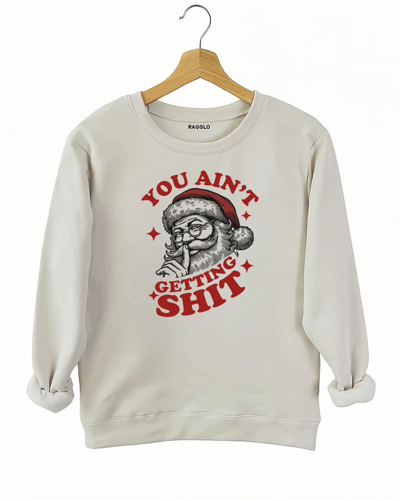 Beige Ragglo women's sweatshirt made of soft fleece, featuring a Santa Claus graphic with the text "YOU AIN'T GETTING SHIT" in red and black, hanging on a wooden hanger.

