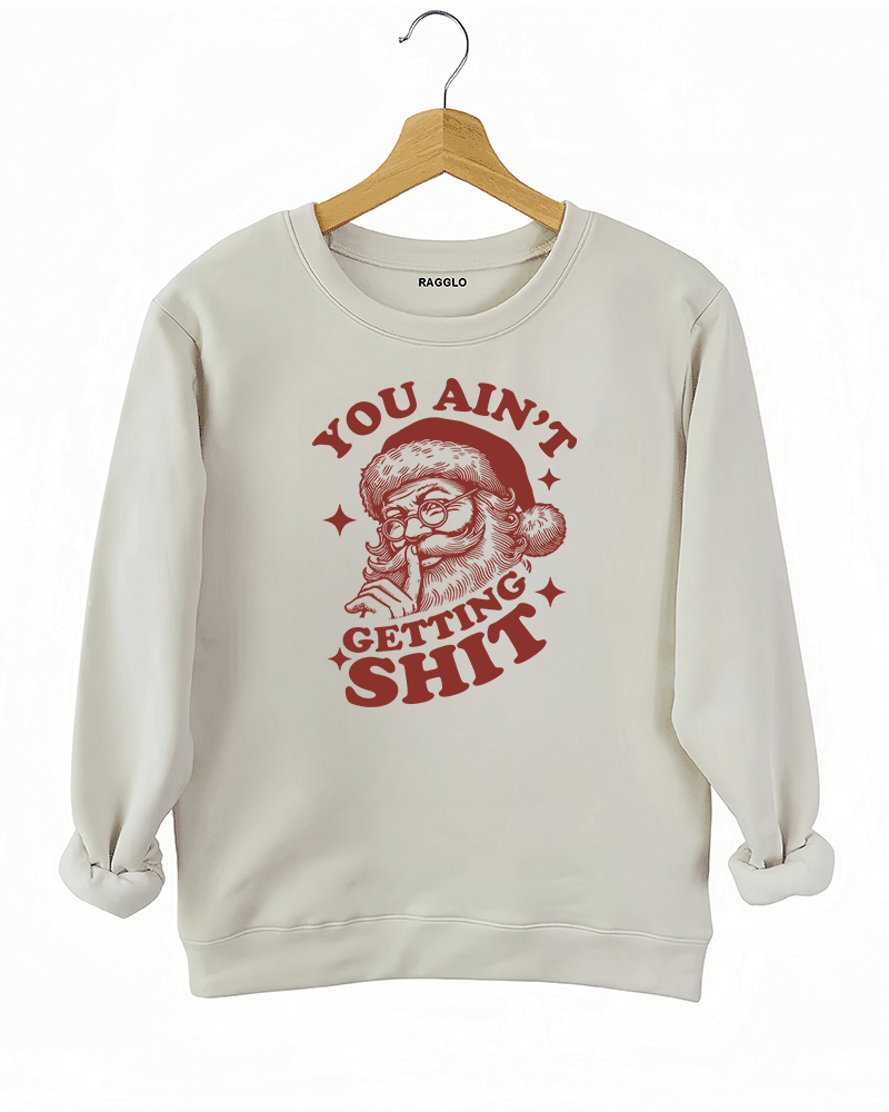 Beige Ragglo women's sweatshirt made of soft fleece, featuring a Santa Claus graphic with the text "YOU AIN'T GETTING SHIT" in red, hanging on a wooden hanger.


