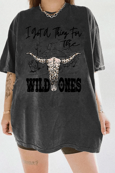 Dark Gray Ragglo charcoal women's t-shirt with "I got a thing for the wild ones" text and stylish leopard print skull design.

