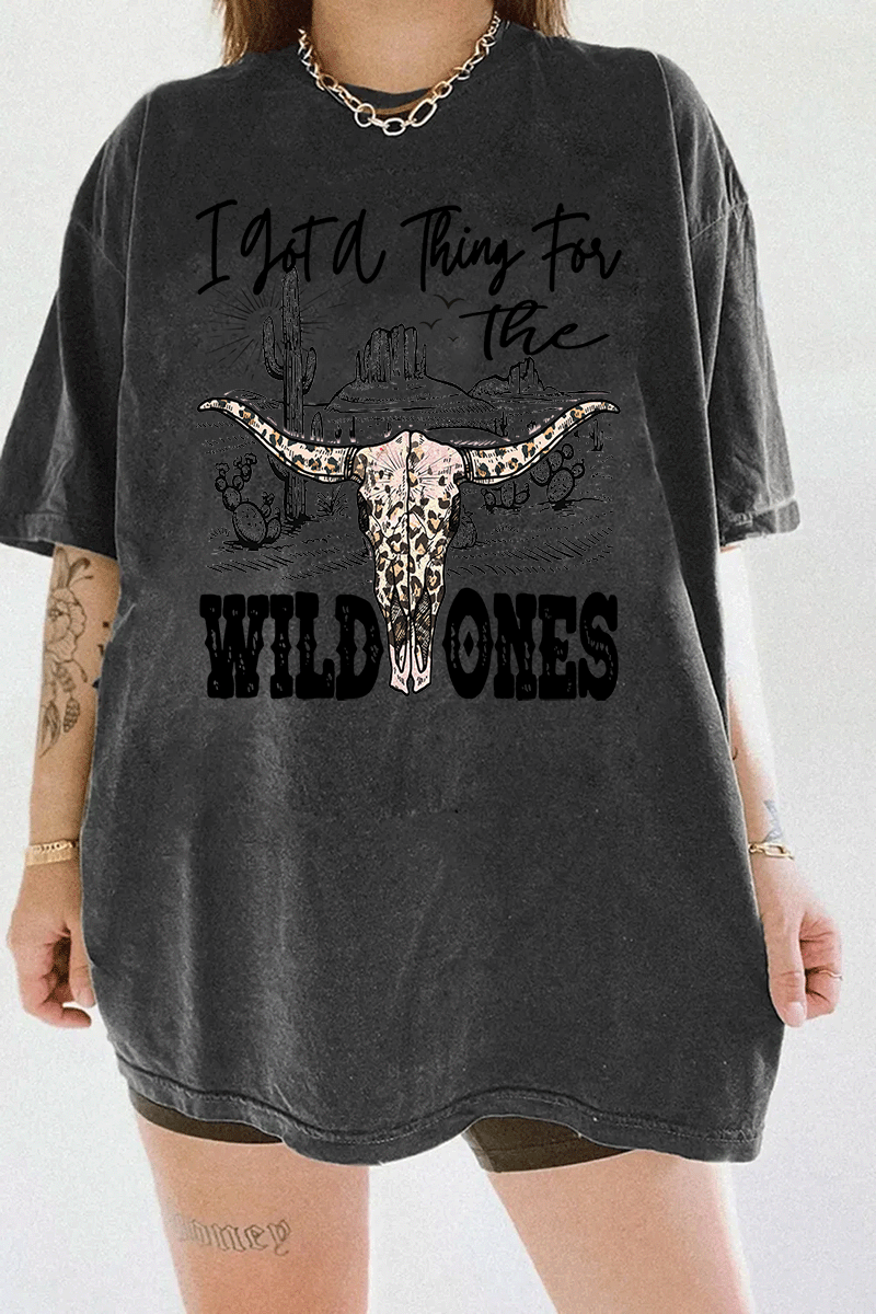 Dark Gray Ragglo charcoal women's t-shirt with "I got a thing for the wild ones" text and stylish leopard print skull design.

