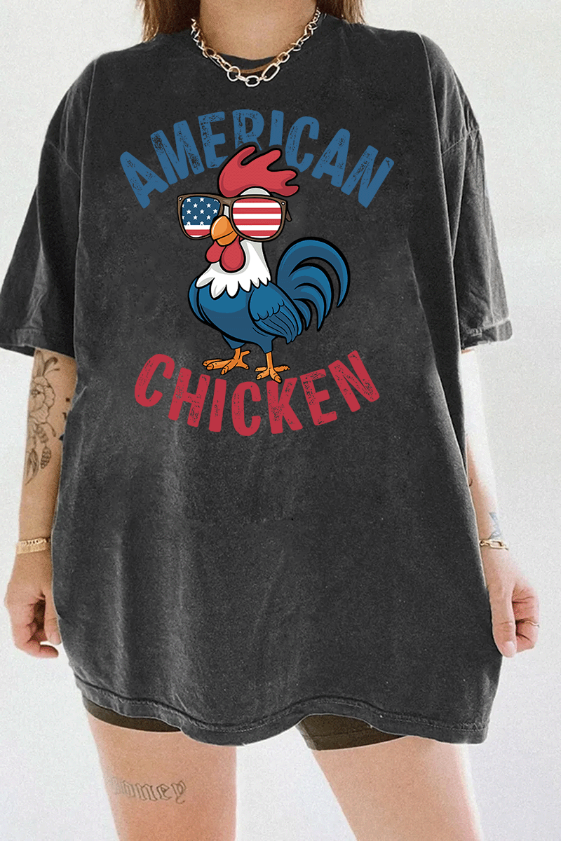 Ragglo dark gray T-shirt featuring 'AMERICAN CHICKEN' text with a chicken wearing USA flag sunglasses, perfect for funny patriotic streetwear and showing USA pride.


