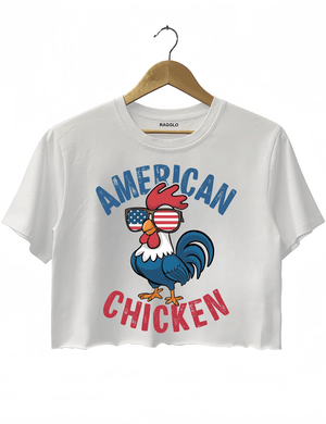 Ragglo white crop top featuring 'AMERICAN CHICKEN' text with a chicken wearing USA flag sunglasses, perfect for funny patriotic streetwear and showing USA pride.

