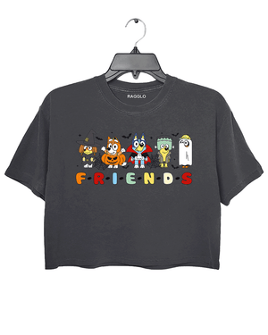 Ragglo dark gray crop top featuring five Bluey characters in Halloween costumes as a witch, vampire, Frankenstein, construction worker, and ghost, with 'F·R·I·E·N·D·S' text in a Friends-inspired font, perfect for cute Halloween streetwear for animation fans.

