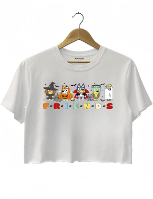 Ragglo white crop top featuring five Bluey characters in Halloween costumes as a witch, vampire, Frankenstein, construction worker, and ghost, with 'F·R·I·E·N·D·S' text in a Friends-inspired font, perfect for cute Halloween streetwear for animation fans.

