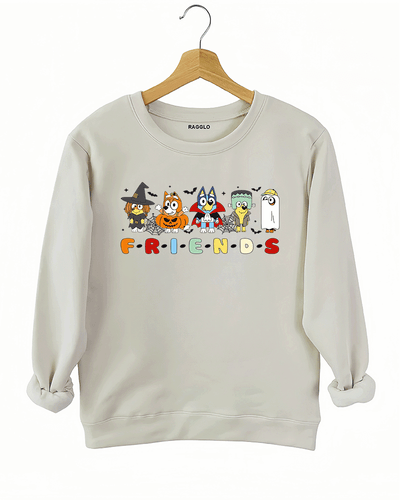 Ragglo beige sweatshirt featuring five Bluey characters in Halloween costumes as a witch, vampire, Frankenstein, construction worker, and ghost, with 'F·R·I·E·N·D·S' text in a Friends-inspired font, perfect for cute Halloween streetwear for animation fans.

