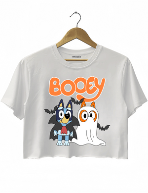 Ragglo white crop top featuring two Bluey characters in vampire and ghost costumes with bats, with 'BOOEY' text, perfect for cute Halloween streetwear for animation fans.

