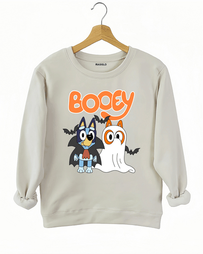 Ragglo beige sweatshirt featuring two Bluey characters in vampire and ghost costumes with bats, with 'BOOEY' text, perfect for cute Halloween streetwear for animation fans.

