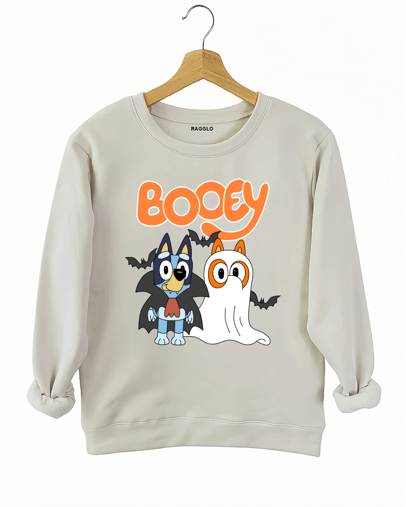Ragglo beige sweatshirt featuring two Bluey characters in vampire and ghost costumes with bats, with 'BOOEY' text, perfect for cute Halloween streetwear for animation fans.

