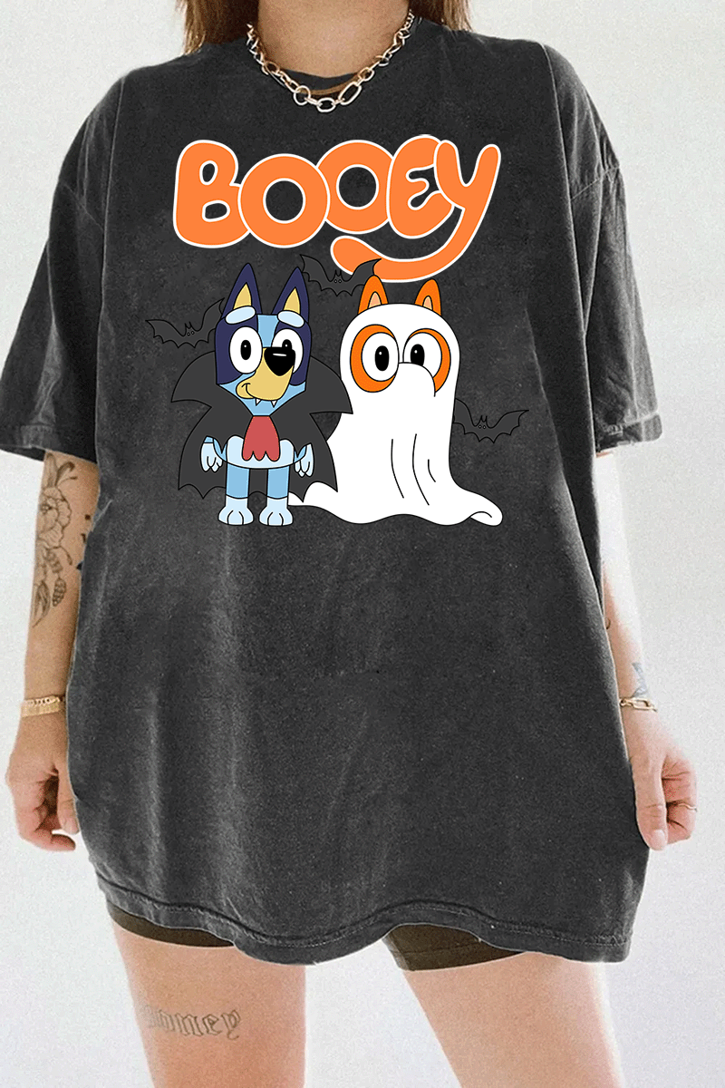 Ragglo dark gray tee featuring two Bluey characters in vampire and ghost costumes with bats, with 'BOOEY' text, perfect for cute Halloween streetwear for animation fans.

