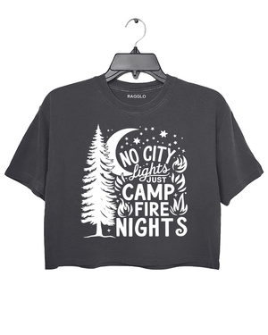 Ragglo dark gray crop top featuring a pine tree, moon, stars, and campfire elements, with 'NO CITY LIGHTS JUST CAMP FIRE NIGHTS' text, perfect for outdoor camping streetwear for nature lovers.

