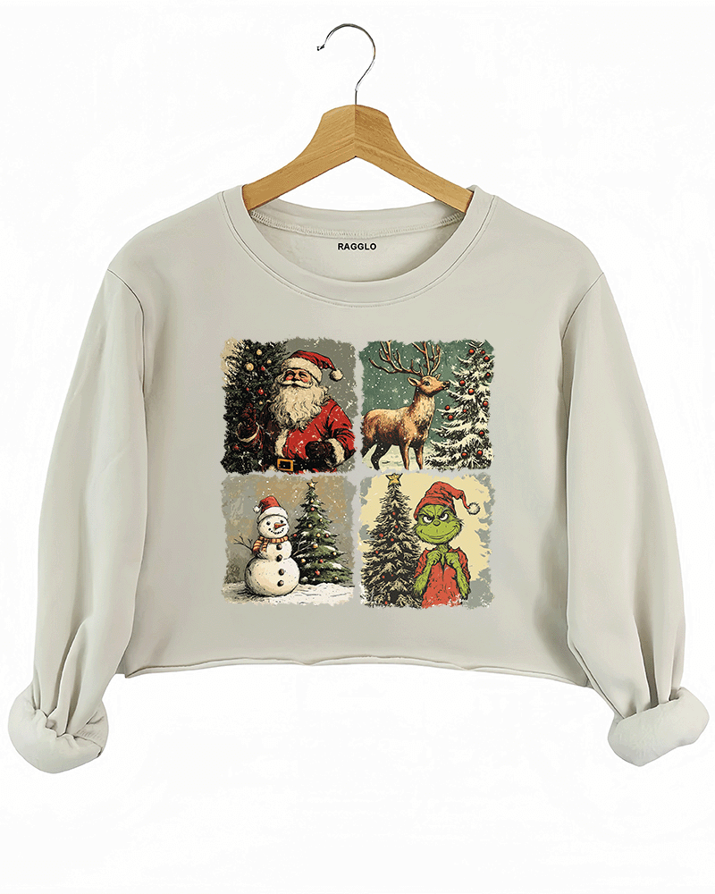 Ragglo beige crop sweatshirt featuring Santa, a reindeer, a snowman, and The Grinch with Christmas trees and snowy backgrounds, perfect for festive holiday streetwear and Christmas celebrations.

