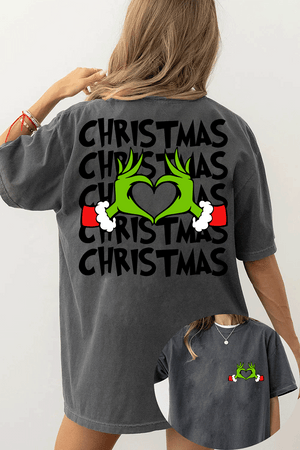 Ragglo dark gray women's T-Shirt featuring Grinch hands making a heart shape with Santa cuffs on the front, and larger Grinch hands with 'Christmas' text repeated around them on the back, in a funny holiday graphic design.