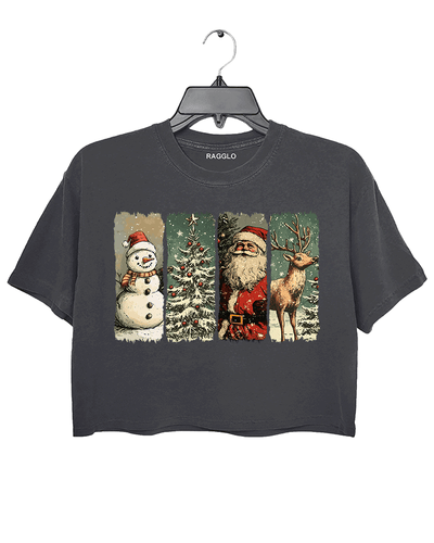 Ragglo dark gray crop top featuring a snowman with a Santa hat, Santa Claus, and a reindeer with a snowy Christmas tree background, perfect for festive streetwear and holiday celebrations.

