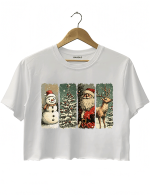 Ragglo white crop top featuring a snowman with a Santa hat, Santa Claus, and a reindeer with a snowy Christmas tree background, perfect for festive streetwear and holiday celebrations.

