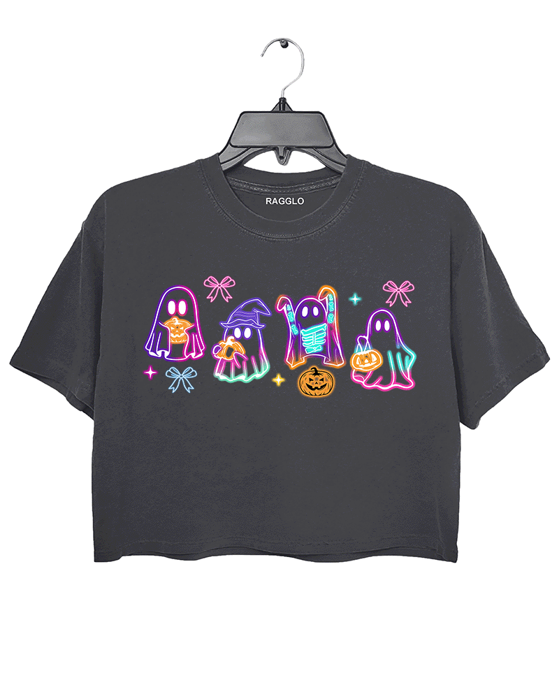 Ragglo dark gray crop top featuring four cute neon ghosts with pumpkins and pizza, accented by bows and stars, perfect for festive Halloween streetwear and fun celebrations.

