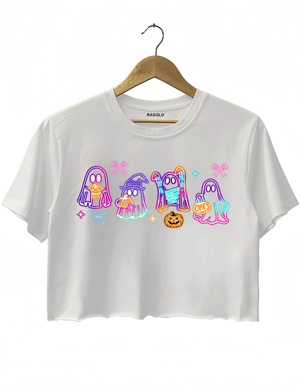 Ragglo white crop top featuring four cute neon ghosts with pumpkins and pizza, accented by bows and stars, perfect for festive Halloween streetwear and fun celebrations.

