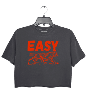 Ragglo dark gray crop top featuring 'EASY' text with a running tiger graphic in red, perfect for playful streetwear and flirty, confident vibes.

