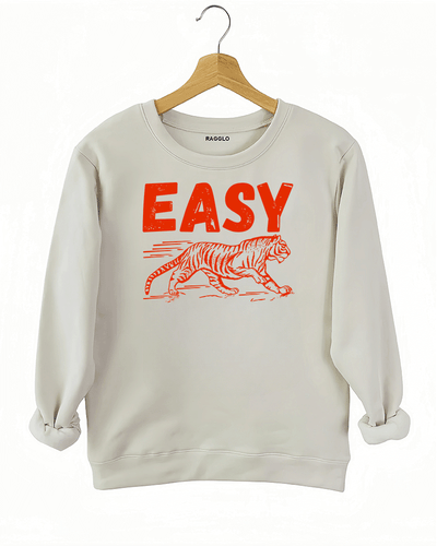 Ragglo beige sweatshirt featuring 'EASY' text with a running tiger graphic in red, perfect for playful streetwear and flirty, confident vibes.

