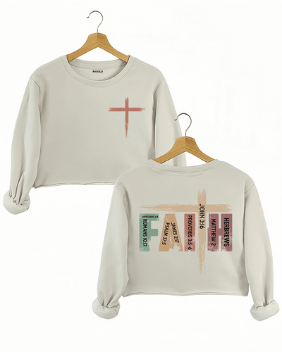 Ragglo beige crop sweatshirt front and back view, featuring a rustic cross design with 'FAITH' text and Bible verses like John 3:16 and Hebrews 2, perfect for Christian streetwear and spiritual expression.


