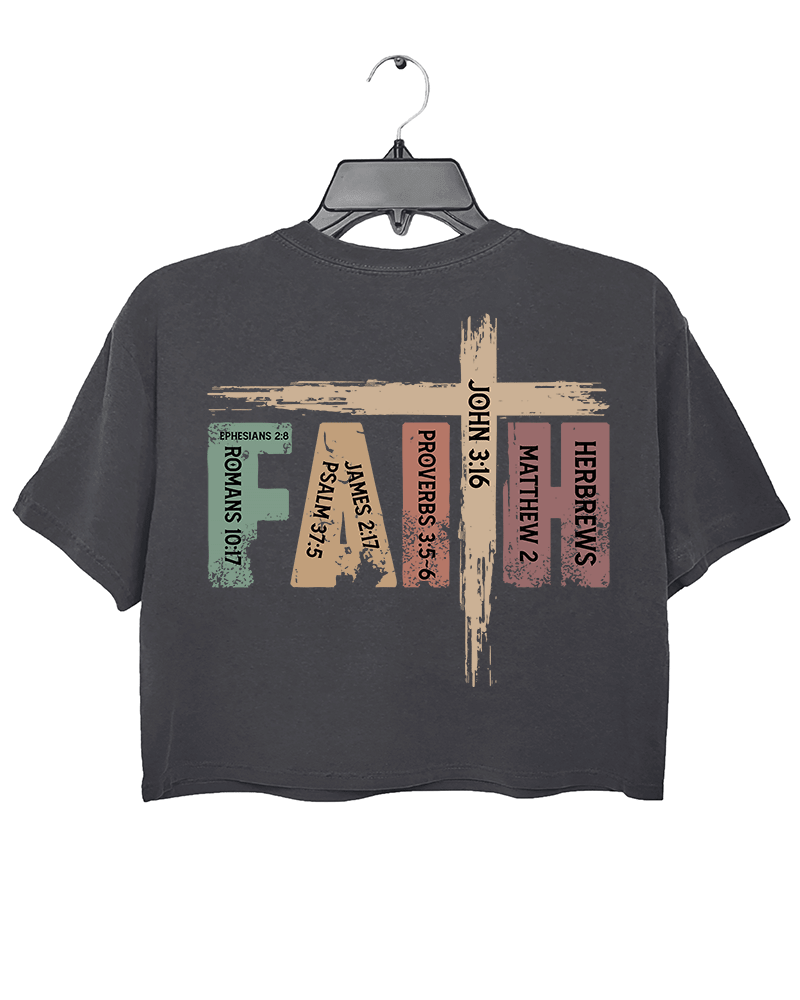 Ragglo dark gray crop top back view showcasing 'FAITH' text with a cross and Bible verses like John 3:16 and Hebrews 2, ideal for Christian streetwear and spiritual expression.

