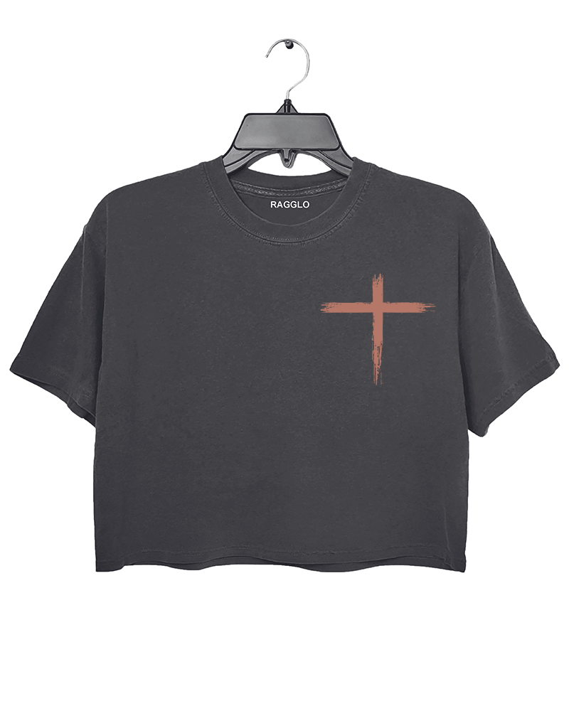 Ragglo dark gray crop top front view featuring a rustic cross design, perfect for expressing Christian faith in a stylish casual look.

