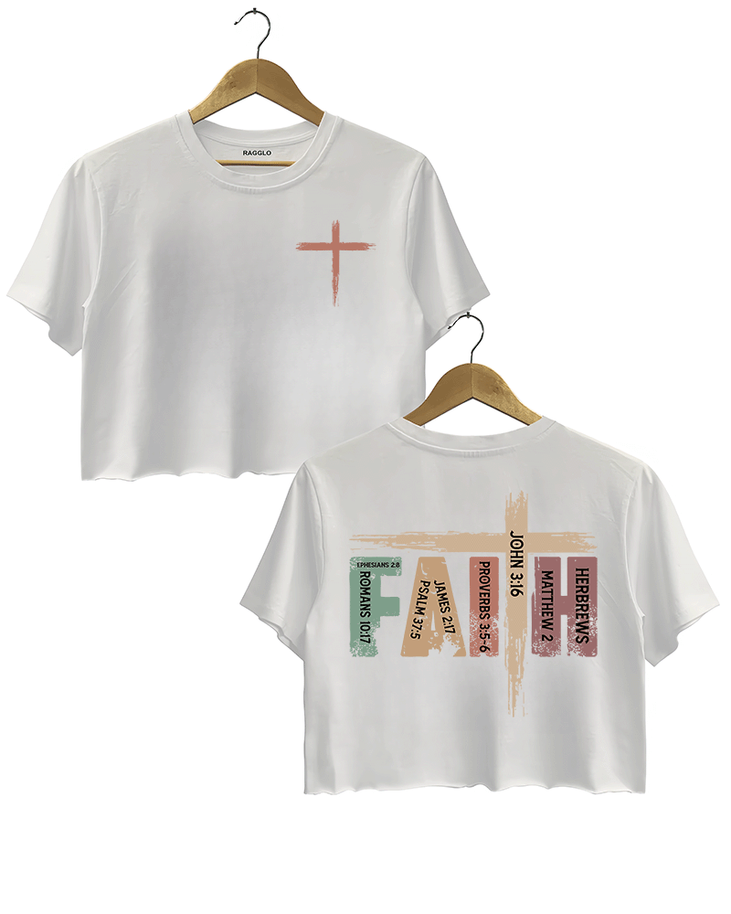 Ragglo white crop top front and back view, featuring a rustic cross design with 'FAITH' text and Bible verses like John 3:16 and Hebrews 2, perfect for Christian streetwear and spiritual expression.

