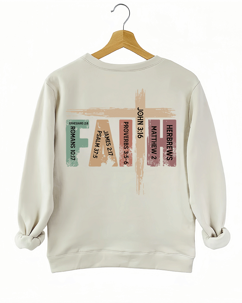 Ragglo beige sweatshirt back view showcasing 'FAITH' text with a cross and Bible verses like John 3:16 and Hebrews 2, ideal for Christian streetwear and spiritual expression.

