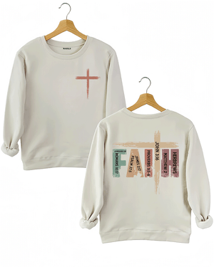 Ragglo beige sweatshirt front and back view, featuring a rustic cross design with 'FAITH' text and Bible verses like John 3:16 and Hebrews 2, perfect for Christian streetwear and spiritual expression.

