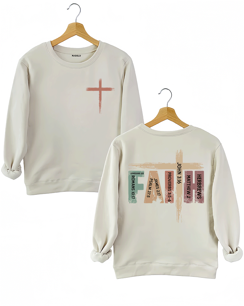 Ragglo beige sweatshirt front and back view, featuring a rustic cross design with 'FAITH' text and Bible verses like John 3:16 and Hebrews 2, perfect for Christian streetwear and spiritual expression.

