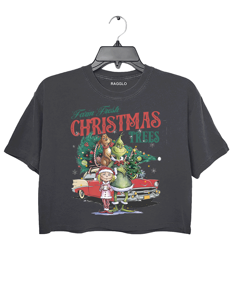 Ragglo dark gray crop top featuring The Grinch, Cindy Lou Who, and Max with a decorated Christmas tree and vintage car, with 'FARM FRESH CHRISTMAS TREES' text, perfect for festive holiday streetwear.

