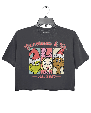 Ragglo dark gray crop top featuring The Grinch, Cindy Lou Who, and Max in Santa hats with 'GRINCHMAS & GO' text and 'EST. 1957', perfect for festive holiday streetwear and Grinch fans.

