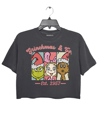 Ragglo dark gray crop top featuring The Grinch, Cindy Lou Who, and Max in Santa hats with 'GRINCHMAS & GO' text and 'EST. 1957', perfect for festive holiday streetwear and Grinch fans.


