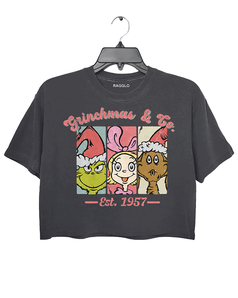 Ragglo dark gray crop top featuring The Grinch, Cindy Lou Who, and Max in Santa hats with 'GRINCHMAS & GO' text and 'EST. 1957', perfect for festive holiday streetwear and Grinch fans.

