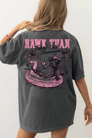 Ragglo dark gray T-shirt back view featuring a raccoon in sunglasses on a flamingo float with a drink and palm trees, perfect for fun vacation vibes and streetwear.

