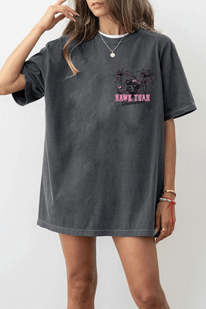 Ragglo dark gray T-shirt front view with 'HAWK TUAH FERAL GIRL SUMMER' text and palm trees, ideal for playful summer streetwear.

