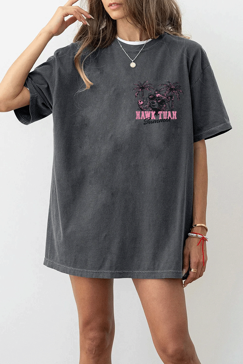 Ragglo dark gray T-shirt front view with 'HAWK TUAH FERAL GIRL SUMMER' text and palm trees, ideal for playful summer streetwear.

