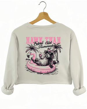 Ragglo beige crop sweatshirt back view featuring a raccoon in sunglasses on a flamingo float with a drink and palm trees, perfect for fun vacation vibes and streetwear.

