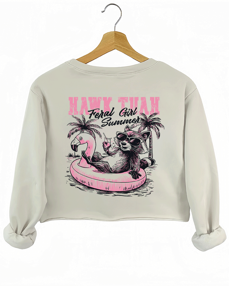 Ragglo beige crop sweatshirt back view featuring a raccoon in sunglasses on a flamingo float with a drink and palm trees, perfect for fun vacation vibes and streetwear.

