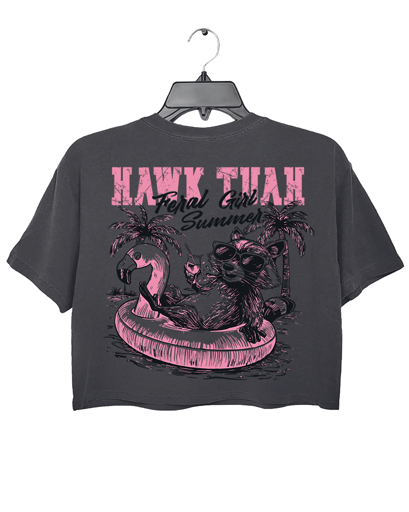 Ragglo dark gray crop top back view featuring a raccoon in sunglasses on a flamingo float with a drink and palm trees, perfect for fun vacation vibes and streetwear.

