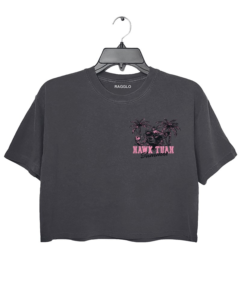 Ragglo dark gray crop top front view with 'HAWK TUAH FERAL GIRL SUMMER' text and palm trees, ideal for playful summer streetwear.

