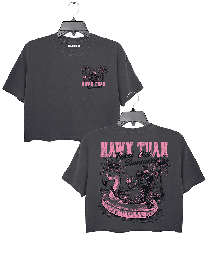 Ragglo dark gray crop top front and back view, featuring a raccoon in sunglasses on a flamingo float with 'HAWK TUAH FERAL GIRL SUMMER' text and palm trees, perfect for playful vacation streetwear.

