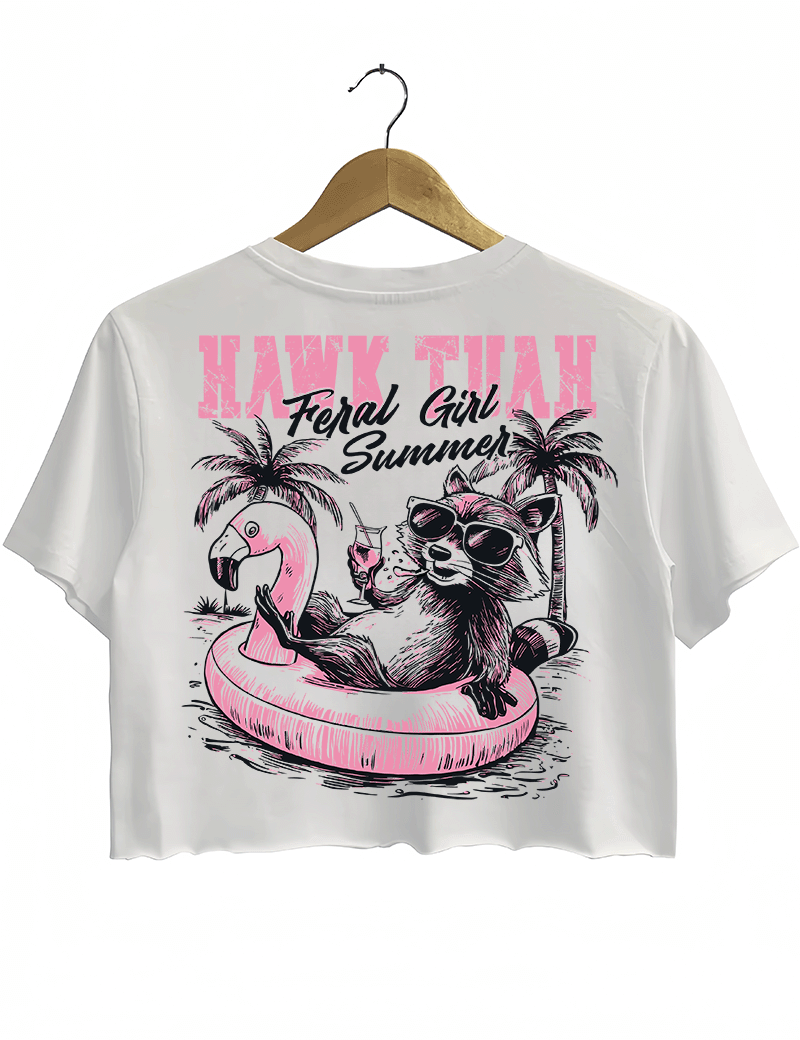 Ragglo white crop top back view featuring a raccoon in sunglasses on a flamingo float with a drink and palm trees, perfect for fun vacation vibes and streetwear.

