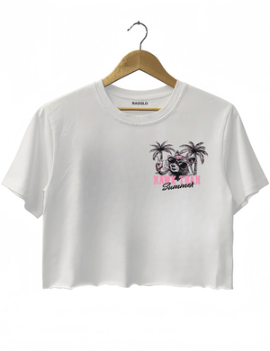 Ragglo white crop top front view with 'HAWK TUAH FERAL GIRL SUMMER' text and palm trees, ideal for playful summer streetwear.

