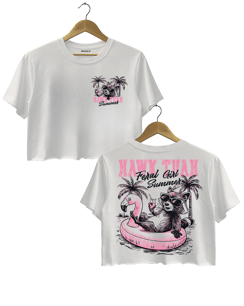 Ragglo white crop top front and back view, featuring a raccoon in sunglasses on a flamingo float with 'HAWK TUAH FERAL GIRL SUMMER' text and palm trees, perfect for playful vacation streetwear.

